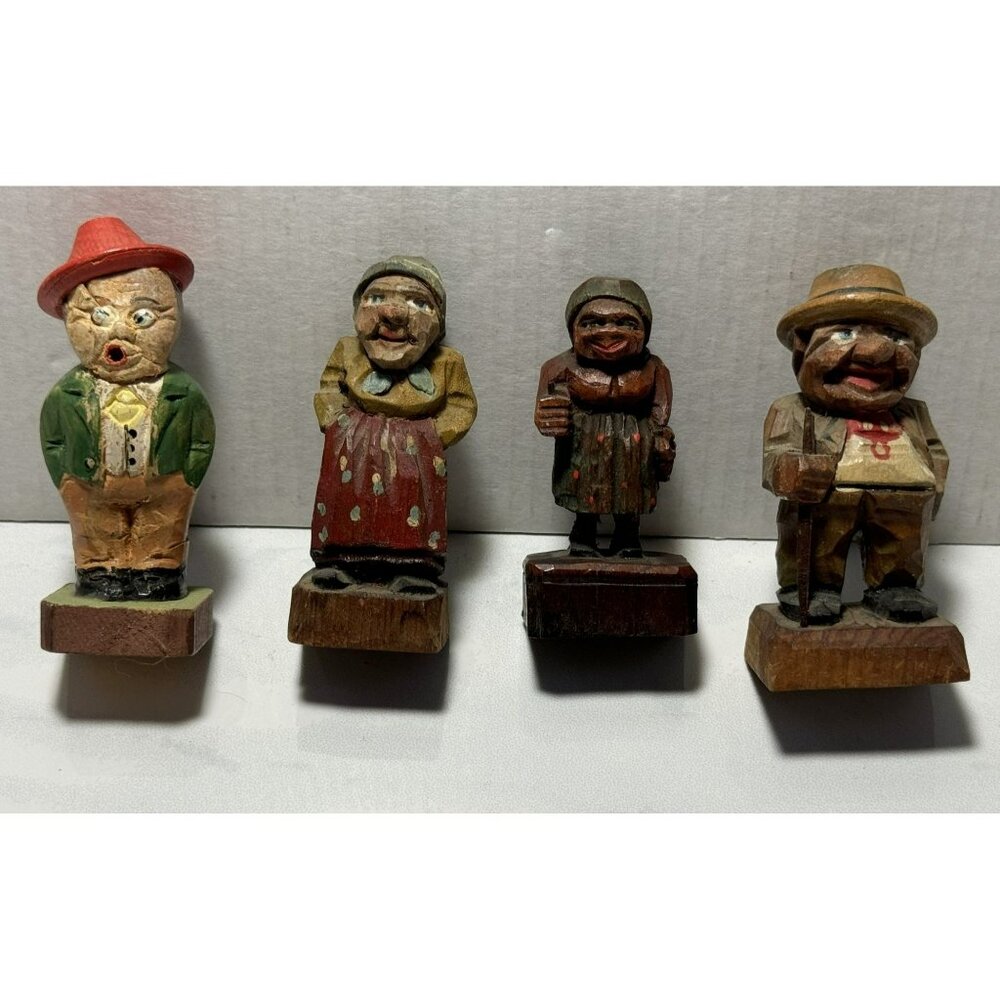 Vtg Hand-Carved Wooden Figurines Set Of 4 Folk Art Collectibles Ugly Men Women
